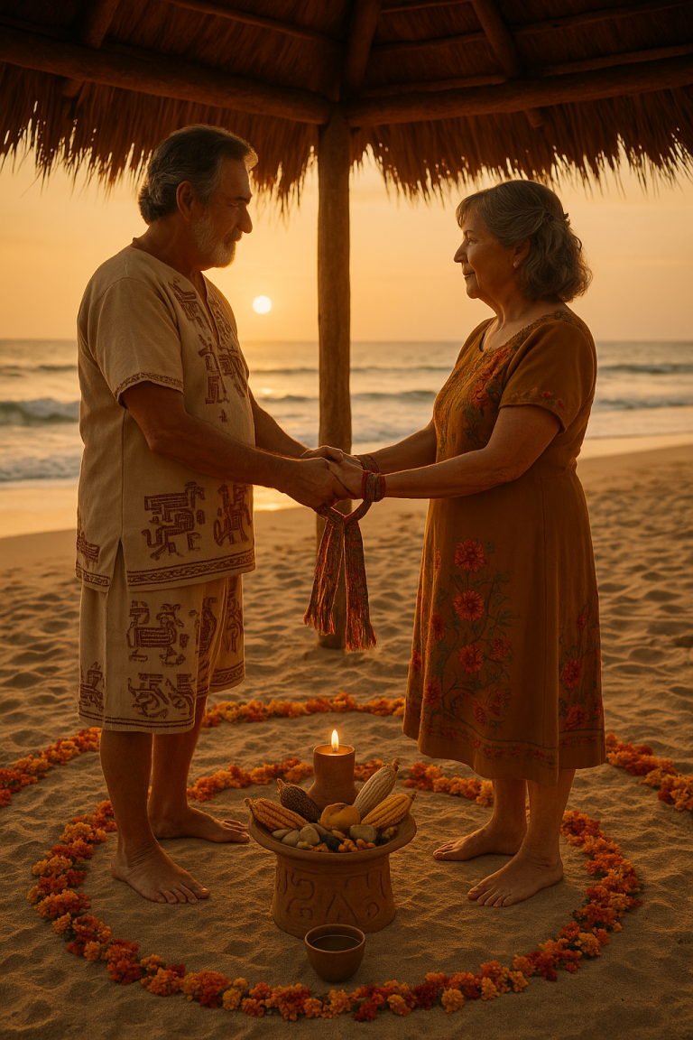 Couple in a Mixtec-inspired vow renewal ceremony at sunset under a beach palapa, with traditional offerings and flower petals.